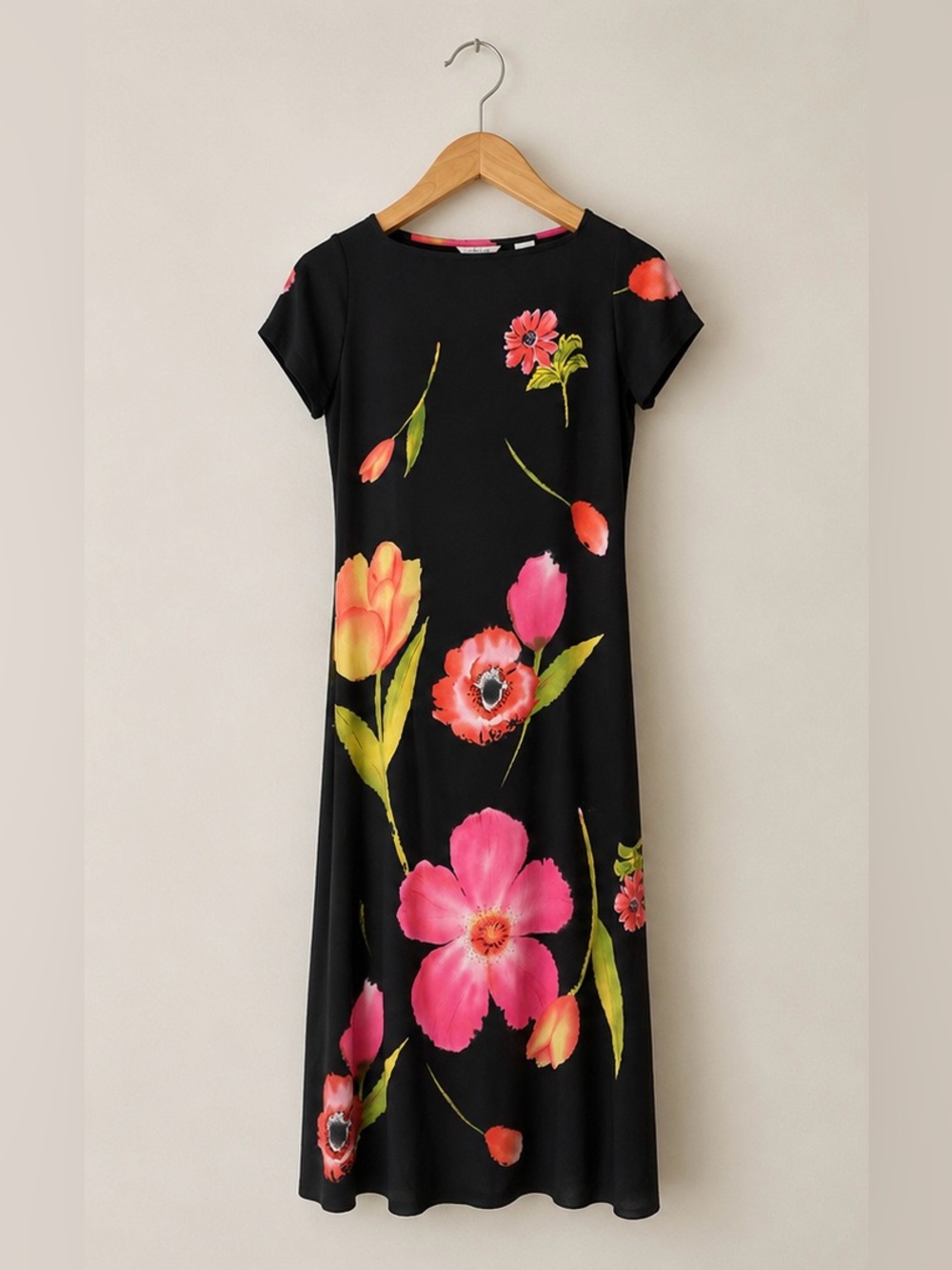 Vintage 80s Natalie & Me 100% Silk Floral Dress Black Poppy Print Size Small